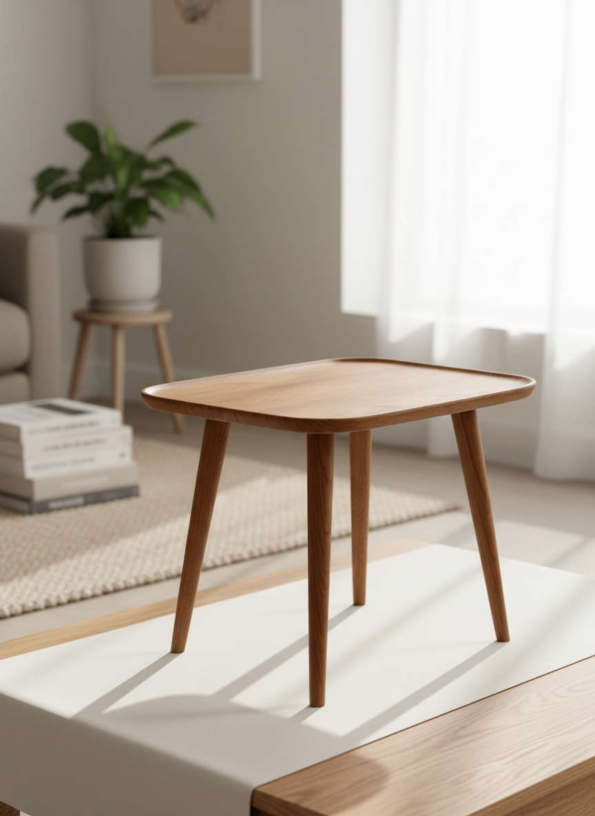 A hero scene of a tidy, well-lit tabletop acting as a selling surface, featuring a single mid-century wooden side table showcased as a listing. The table’s warm oak grain, tapered legs, and gently worn edges are captured in meticulous detail. Behind it, a softly blurred living room corner suggests a real home, with a neutral rug and a discreet plant in the distance. Large window light from the right creates natural, diffused illumination and subtle reflections on the wood, suggesting authenticity. Shot at eye level with a slightly wide composition to allow cropping in multiple formats. Photographic realism, calm and sophisticated mood, optimized framing that mimics user-generated product photos without any people, text, or branding.