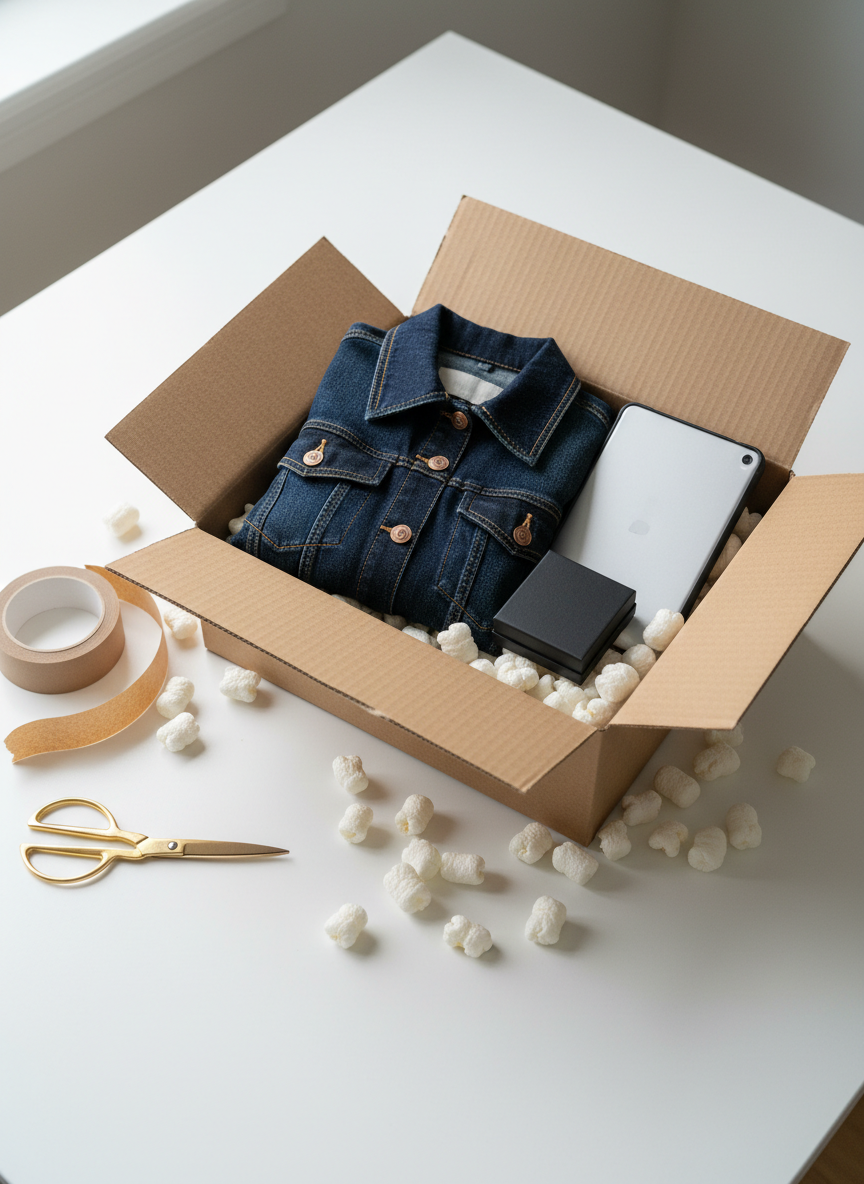 An elegant overhead shot of a shipping and packaging moment on a matte white desk, centered on a medium-sized cardboard box partially open to reveal neatly wrapped items: a folded premium denim jacket with visible stitching, a small jewelry box, and a carefully cushioned tablet in a slim case. Around the box sit biodegradable packing peanuts, a strip of kraft tape already cut, and a pair of minimalist metal scissors. Soft, even daylight from an unseen window creates a calm, trustworthy atmosphere with minimal shadows. The composition is balanced but asymmetric, emphasizing order and care. Photographic realism with a clean, modern aesthetic, no people, no visible logos, suggesting secure, thoughtful shipping within a refined marketplace experience.